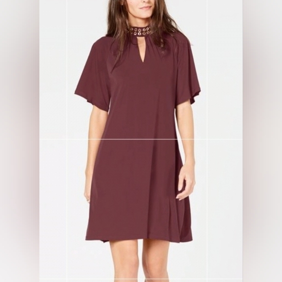 Michael Kors Burgundy Dress Gold Studs Collard Elephant Ears Sleeves Size S - Picture 2 of 13